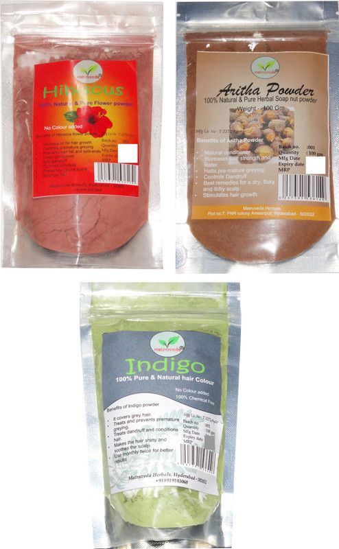 matruveda 100% Pure & Natural Hibiscus, Aritha & Indigo Powder (Pack of 3) Each 100gm  (300 g)