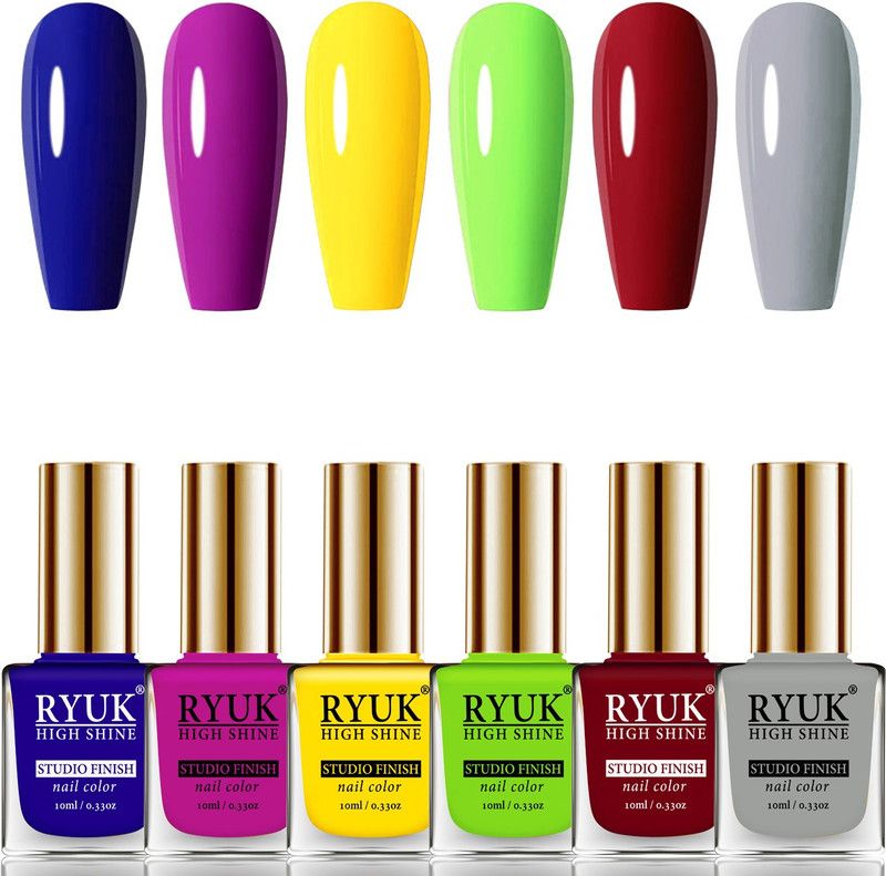 RYUK Long Shine HD Colors Nail Polish Combo Offer Set of 6 Pcs RNPS-08 Blue, Bright Plum, Yellow, Parrot Green, Blued Red, Light Grey  (Pack of 6)