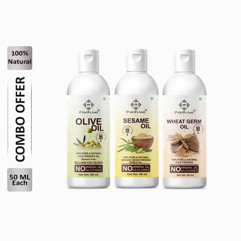 PuriFlame 100% Pure Olive Oil 50ML & Sesame Oil 50ML & Wheat Germ Oil 50ML Combo For Rapid Hair Growth, Anti Hair Fall, Split Ends & Promotes Softer & Shinier Hair (Pack Of 3) Hair Oil  (150 ml)