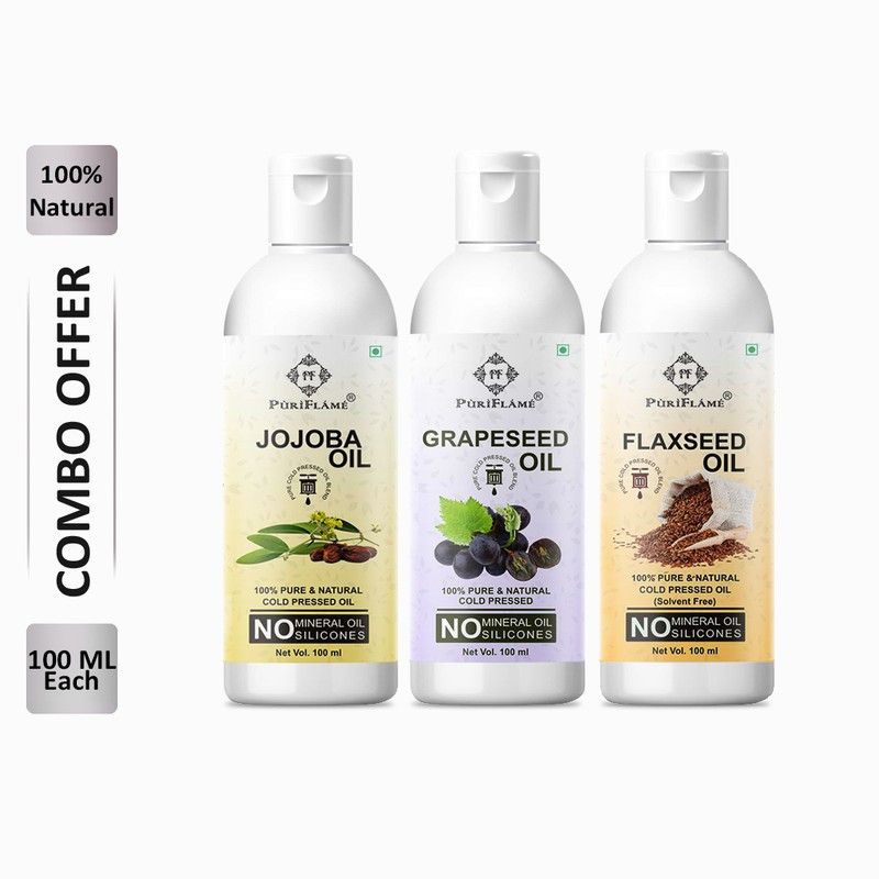 PuriFlame 100% Pure Jojoba Oil 100ML & Grapeseed Oil 100ML & Flaxseed Oil 100ML Combo For Rapid Hair Growth, Anti Hair Fall, Split Ends & Promotes Softer & Shinier Hair (Pack Of 3) Hair Oil  (300 ml)