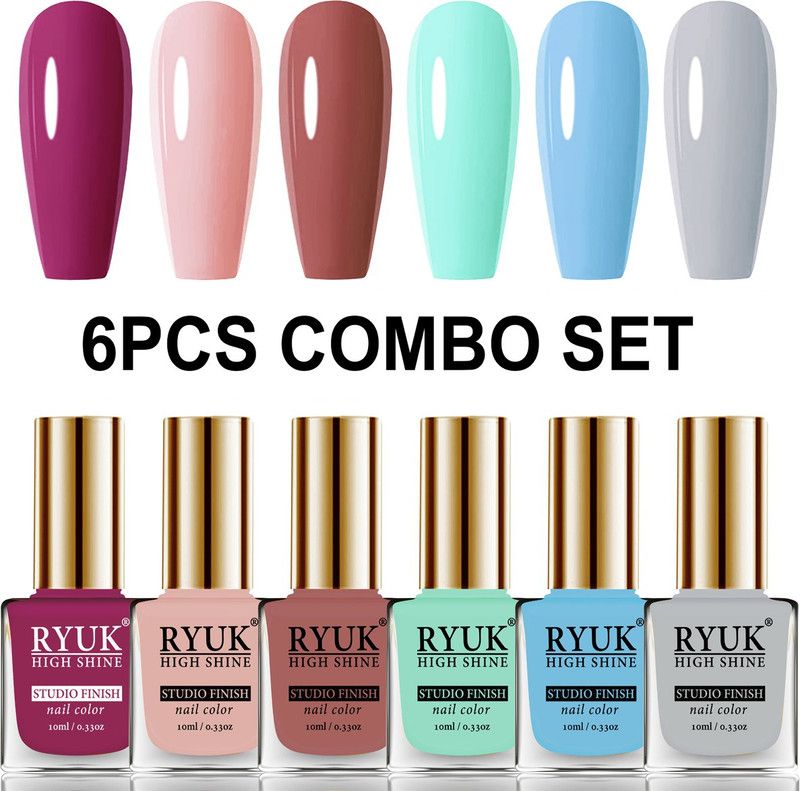 RYUK Long Shine HD Colors Nail Polish Combo Offer Set of 6 Pcs IRYNK-22 Dark Magenta, Rose Gold, Brownish Pink, Italian Sky Blue, Sky Blue, Cyan Blue  (Pack of 6)