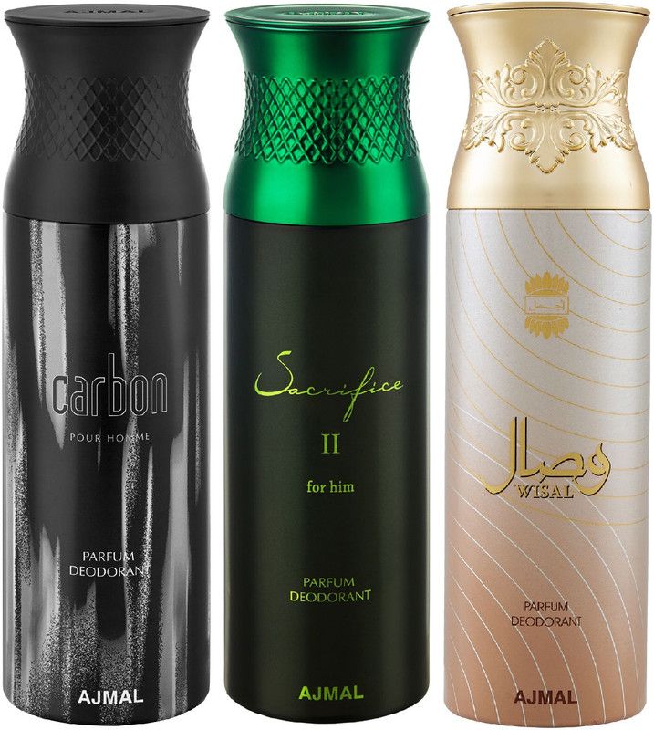 Ajmal Carbon & Sacrifice II & Wisal Deodorant Spray + 3 Testers Deodorant Spray - For Men & Women  (200 ml, Pack of 3)