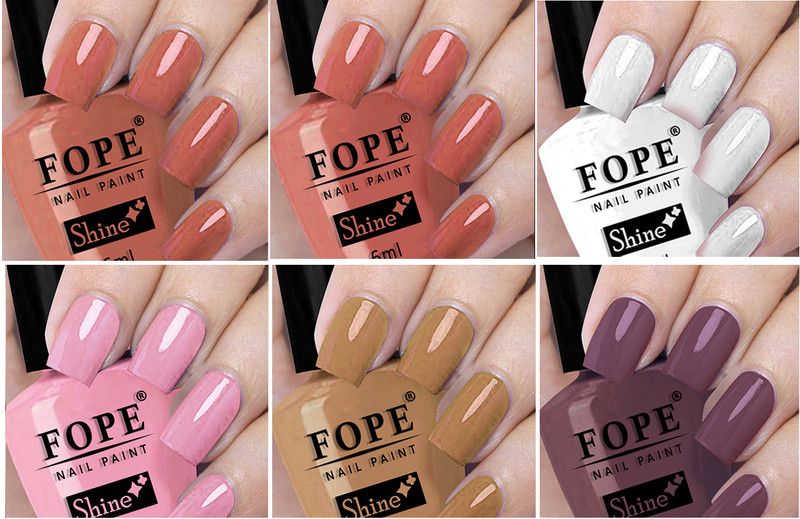 FOPE Long Shine Glossy Nail polish set-14-18Baby Pink,Nudes Spring,Purplish Nude Light Nude,Peach,White,Baby Pink,Nudes Spring,Purplish Nude  (Pack of 6)