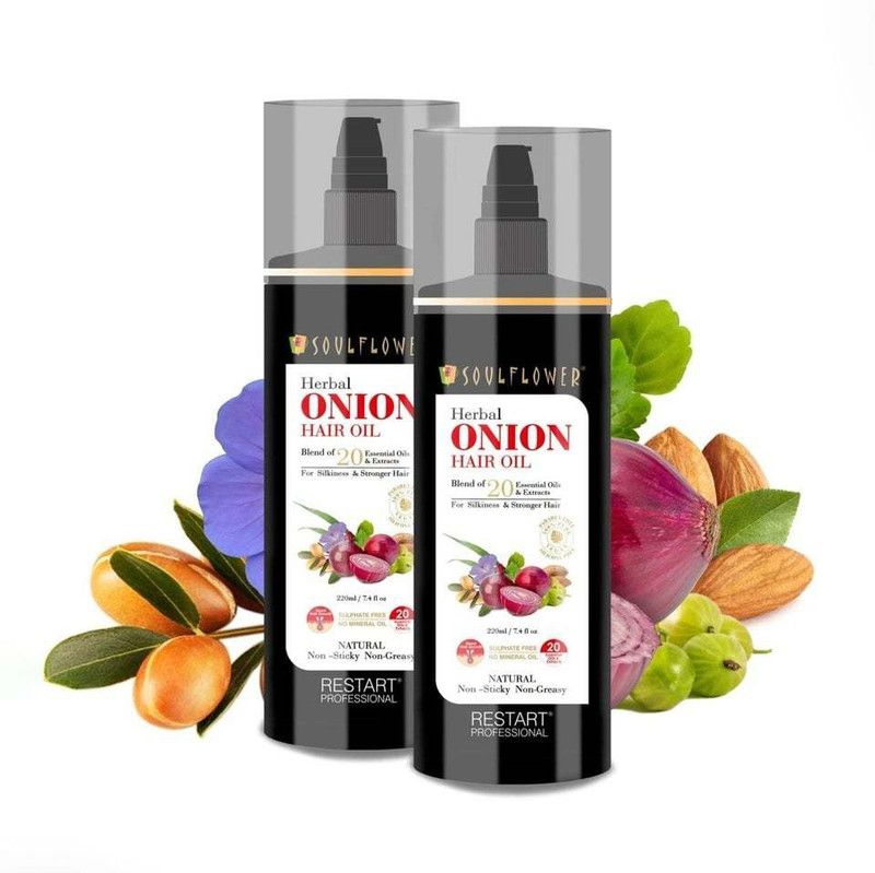 Soulflower Herbal Onion Hair Oil Blend of 20 Essential Oils 220ml, 100% Premium & Pure, Natural & Undiluted, For Hair Fall Control, Hair Thickening Oil, Damage Hair, Hair Growth Hair Oil  (220 ml)