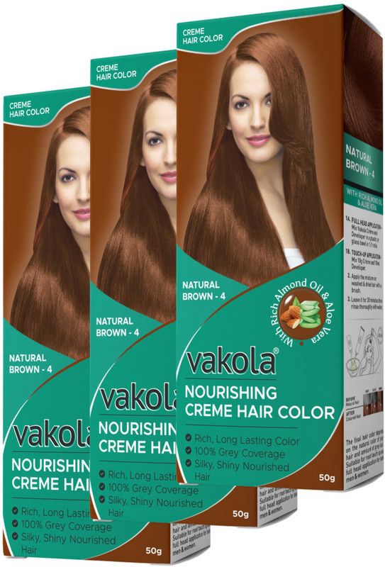 Vakola nourishing long lasting grey coverage cream hair color 50g+50ml (Pack of 3) , Natural Brown