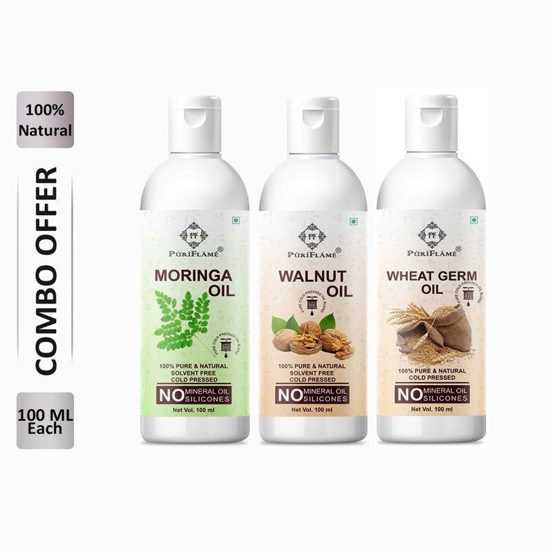 PuriFlame 100% Pure Moringa Oil 100ML & Walnut Oil 100ML & Wheat Germ Oil 100ML Combo For Rapid Hair Growth, Anti Hair Fall, Split Ends & Promotes Softer & Shinier Hair (Pack Of 3) Hair Oil  (300 ml)