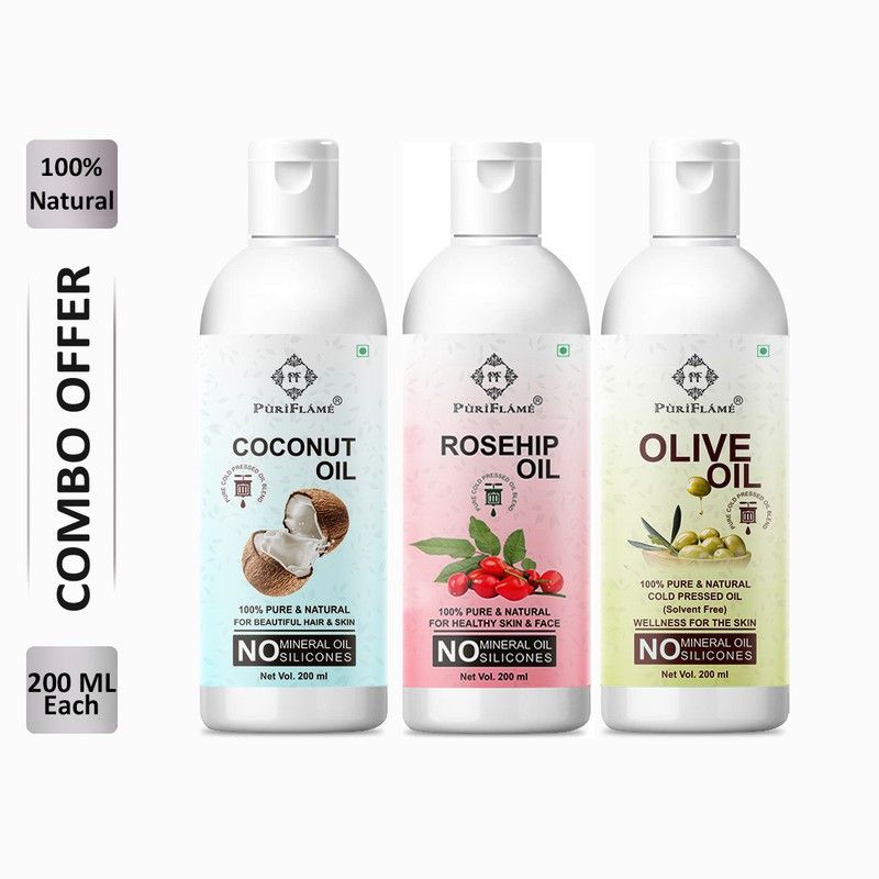 PuriFlame 100% Pure Coconut Oil 200ML & Rosehip Oil 200ML & Olive Oil 100 ML Combo Hair Oil  (600 ml)