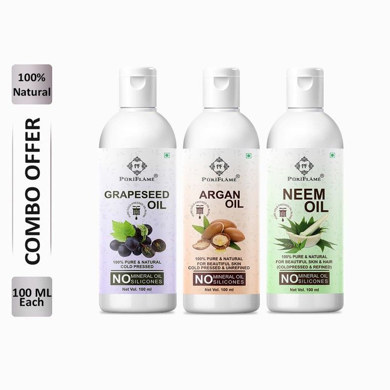 PuriFlame 100% Pure Grapeseed Oil 100ML & Argan Oil 100ML & Neem Oil 100ML Combo Hair Oil  (300 ml)