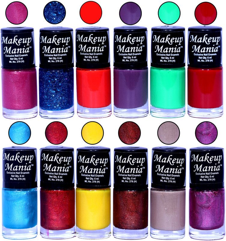Makeup Mania HD Color Nail Polish Set of 12 Pcs (Combo MM-106) Pink, Sparkle, Red, Orange, Purple, Parrot Green, Blue, Yellow, Nude  (Pack of 12)