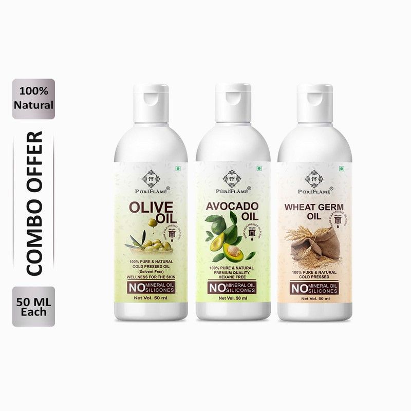 PuriFlame 100% Pure Olive Oil 50ML & Avocado Oil 50ML & Wheat Germ Oil 50ML Combo For Rapid Hair Growth, Anti Hair Fall, Split Ends & Promotes Softer & Shinier Hair (Pack Of 3) Hair Oil  (150 ml)