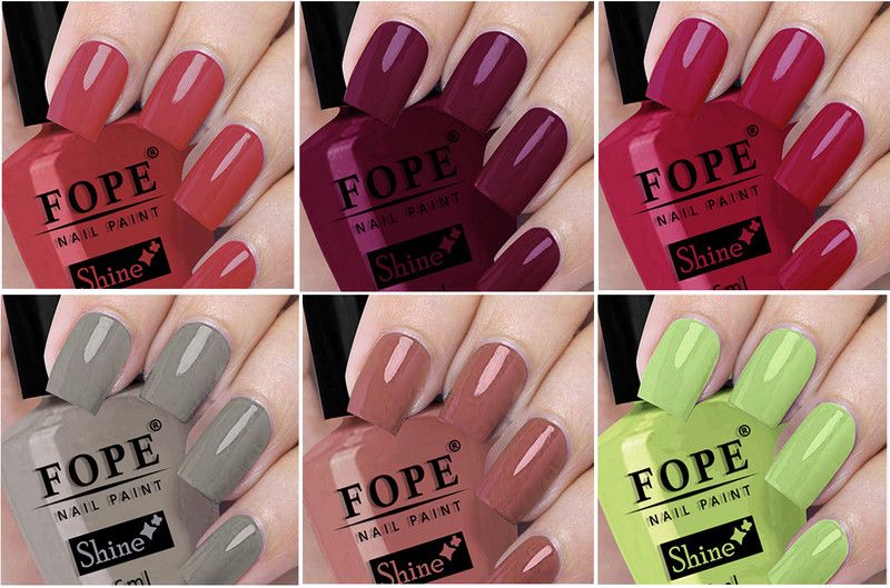FOPE Long Shine Glossy Nail polish set-12-17English Nude,Nude,Olive Green, Brown,Dark Maroon,Pinkish NudeEnglish Nude,Nude,Olive Green  (Pack of 6)