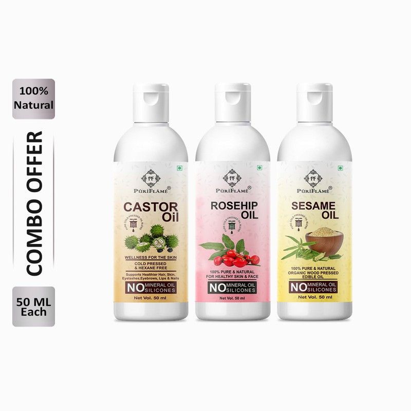 PuriFlame 100% Pure Castor Oil 50ML & Rosehip Oil 50ML & Sesame Oil 50ML Combo For Rapid Hair Growth, Anti Hair Fall, Split Ends & Promotes Softer & Shinier Hair (Pack Of 3) Hair Oil  (150 ml)