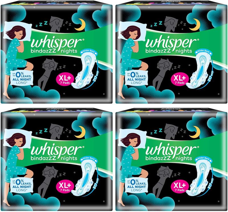 Whisper Ultra Bindaz Night, XL Plus (7+7+7+7 Count) Sanitary Pad  (Pack of 4)