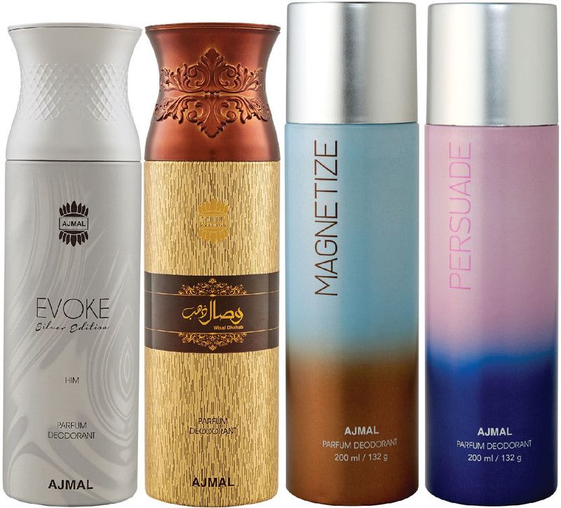 Ajmal Evoke Silver,Wisal Dhahab,Magnetize and Persuade for Men & Women Deos each 200ML Deodorant Spray - For Men & Women  (800 ml, Pack of 4)