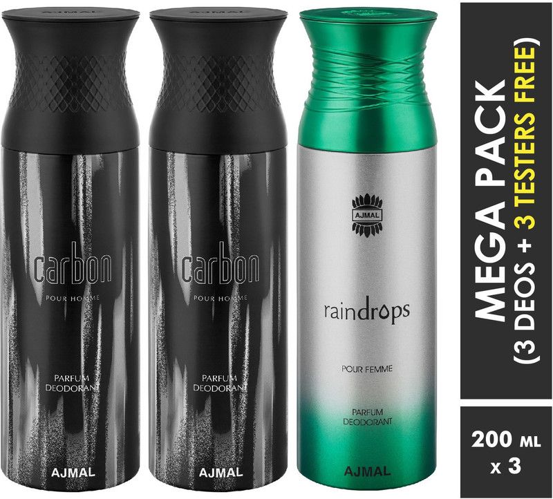 Ajmal Carbon & Carbon & Raindrops Deodorant Spray + 3 Testers Deodorant Spray - For Men & Women  (200 ml, Pack of 3)