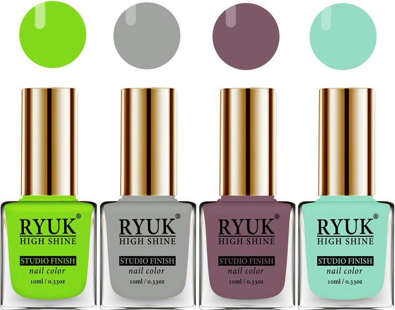 RYUK HD Colors Long Lasting Glossy Gel Effect Nail Paint 40 ml (RYNPS-154) Parrot Green, Light Grey, Purple Nude, Italian Sky Blue  (Pack of 4)