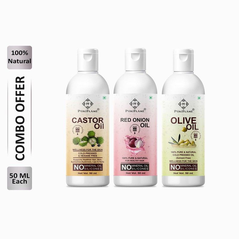 PuriFlame 100% Pure Castor Oil 50ML & Red Onion Oil 50ML & Olive Oil 50 ML Combo For Rapid Hair Growth, Anti Hair Fall, Split Ends & Promotes Softer & Shinier Hair (Pack Of 3) Hair Oil  (150 ml)
