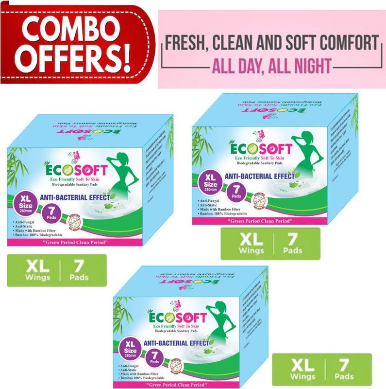 ECOSOFT BAMBOO FIBER BIODEGRADABLE SANITARY PADS. XL SIZE (3 BOX 21 PADS) Sanitary Pad  (Pack of 3)