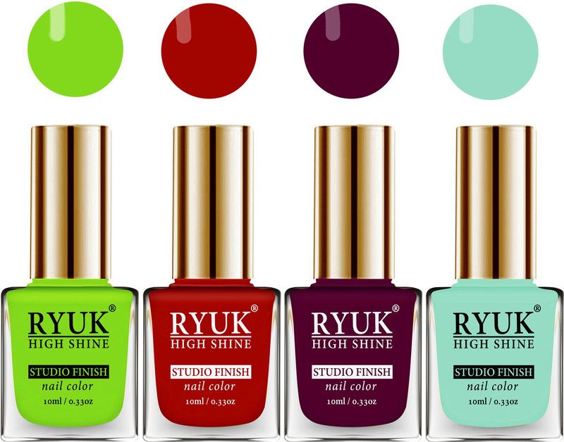 RYUK HD Colors Long Lasting Glossy Gel Effect Nail Paint 40 ml (RYNPS-121) Parrot Green, Red, Dark Maroon, Italian Sky Blue  (Pack of 4)