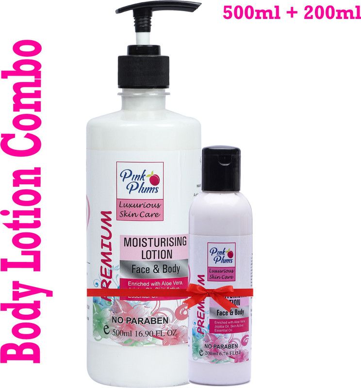 PINK PLUMS PREMIUM Luxurious Skin Care Moisturising Lotion For Face & Body Enriched with Aloevera, Jojoba Oil, Skin Active Essentiol Oil Body Lotion, Paraben Free, COMBO PACK OF 2, 500ml & 200ml  (700 ml)