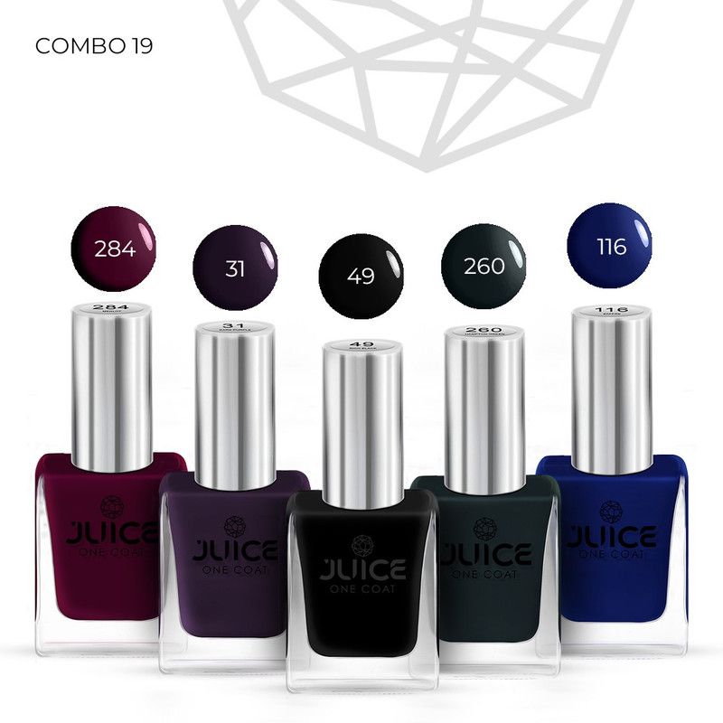 Juice Nail Paint Combo 19 Dark Purple, Rich Black, Zaffre, Hampton Green, Merlot  (Pack of 5)