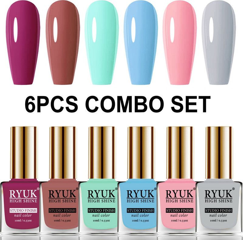 RYUK Long Shine HD Colors Nail Polish Combo Offer Set of 6 Pcs IRYNK-23 Dark Magenta, Brownish Pink, Italian Sky Blue, Sky Blue, Baby Pink, Cyan Blue  (Pack of 6)