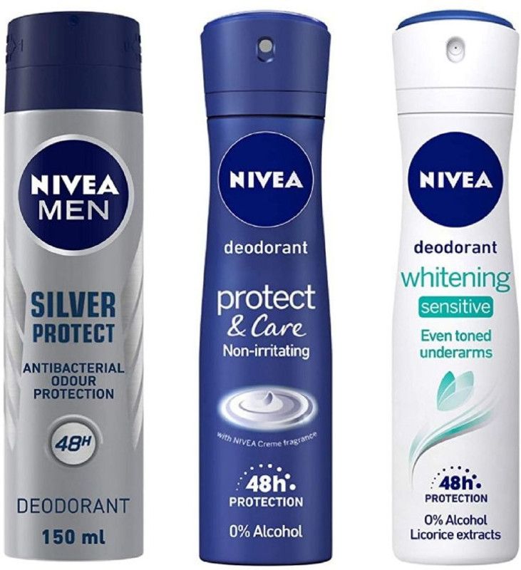 NIVEA Silver Protect Deo 150 ml , Protect Care Deo 150 Ml , Whitening Sensitive Deo 150 ml (Pack of 3) # 194 Deodorant Spray - For Men & Women  (450 ml, Pack of 3)