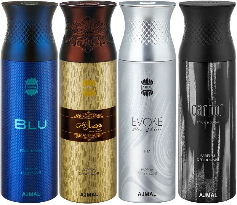 Ajmal Blu & Wisal Dhahab & EvokeSilver Edition Homme & Carbon Deodorant Spray + 4 Testers Deodorant Spray - For Men & Women  (200 ml, Pack of 4)