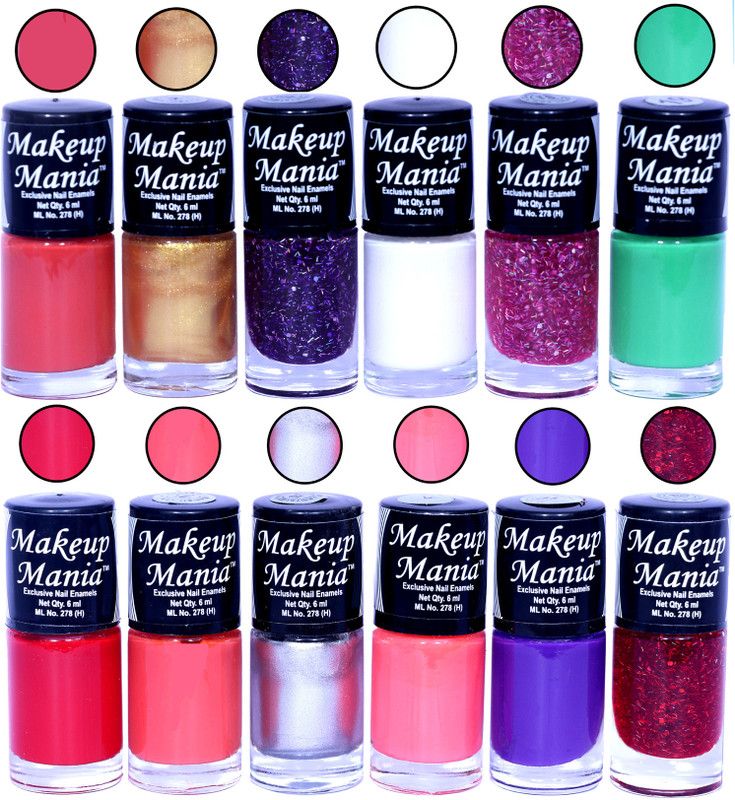 Makeup Mania HD Color Nail Polish Set of 12 Pcs (Combo MM-128) Coral Peach, Golden, Blue Glitter, White, Pink, Sea Green, Coral Red, Silver, Purple, Red Zari  (Pack of 12)