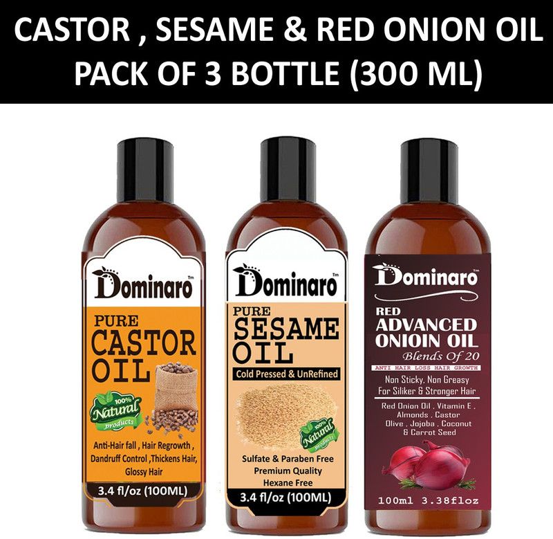 Dominaro 100 % Pure & Natural Castor Oil & Sesame Oil & Advanced Red Onion Oil (Combo Pack of 3 Bottle) 300 ML Hair Oil  (300 ml)