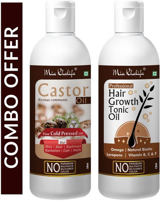 Mia Khalifa 100% Pure Castor Hair Oil, Cold Pressed, To Support Hair Growth 100 ML + 100 % Pure and Natural Hair Growth Tonic For Hair Regrowth, Anti Hair Fall 150 ML (Set of 2 Bottle) (250 ML) Hair Oil  (250 ml)