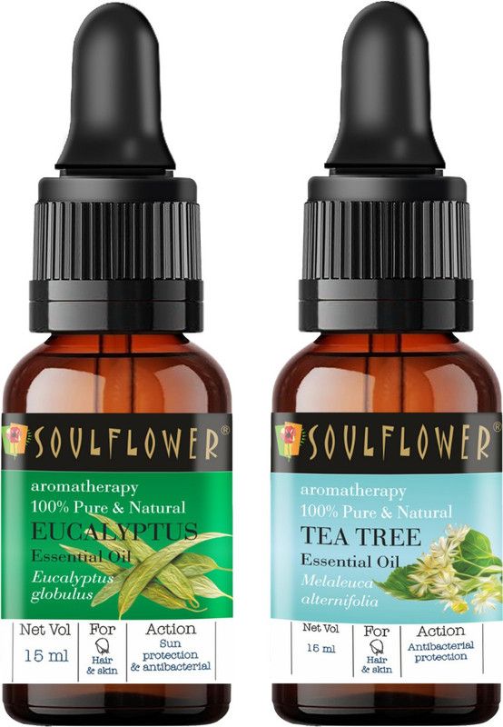 Soulflower Essential Oil Eucalyptus (Nilgiri Oil) 15ml, Tea Tree 15ml, 100% Premium & Pure, Natural & Undiluted, For Cold And Cough, Steam Inhaler, Hair Growth - Camphor Family Premium Oil, Anti Dandruff  (30 ml)