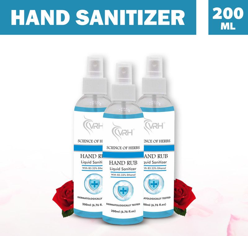 vrh Rose Fragrance Sanitizer 3 x 200mL Combo Pack Which Contains 83% Alcohol Non Stick Disinfectant Liquid Sanitizer Instant Kills 99.9% Germs, Virus & Bacteria | Provides Effective Protection Hand Sanitizer Bottle + Dispenser  (3 x 200 ml)