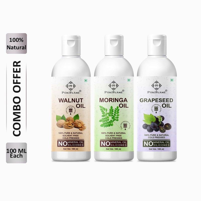 PuriFlame 100% Pure Walnut Oil 100ML & Moringa Oil 100ML & Grapeseed Oil 100ML Combo For Rapid Hair Growth, Anti Hair Fall, Split Ends & Promotes Softer & Shinier Hair (Pack Of 3) Hair Oil  (300 ml)
