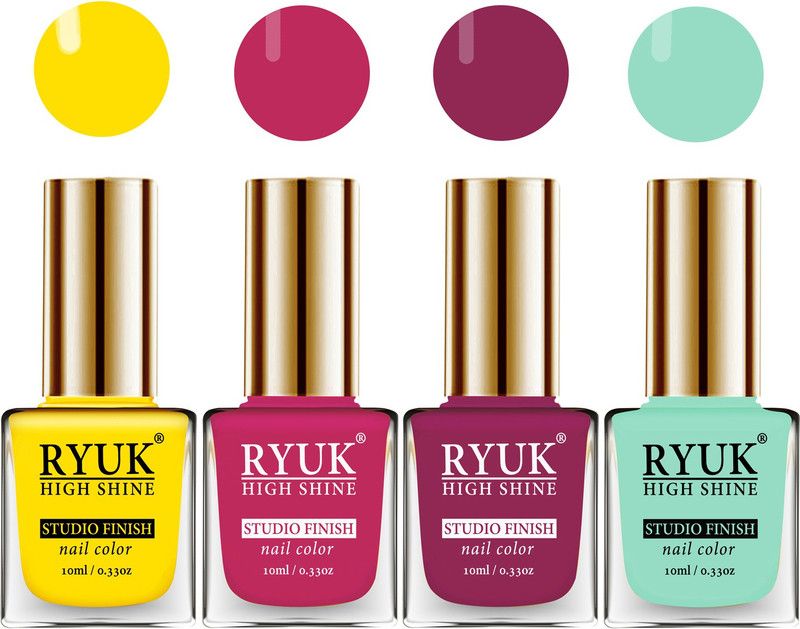 RYUK HD Colors Long Lasting Glossy Gel Effect Nail Paint 40 ml (RYNP-192) Yellow, Magenta, Dark Magenta, Italian Sky Blue  (Pack of 4)