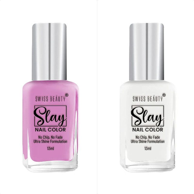 SWISS BEAUTY Slay Nail Color Ultra Shine Formulation (SB-114) (NO-1+23) Pink Rush, Flat White  (Pack of 2)