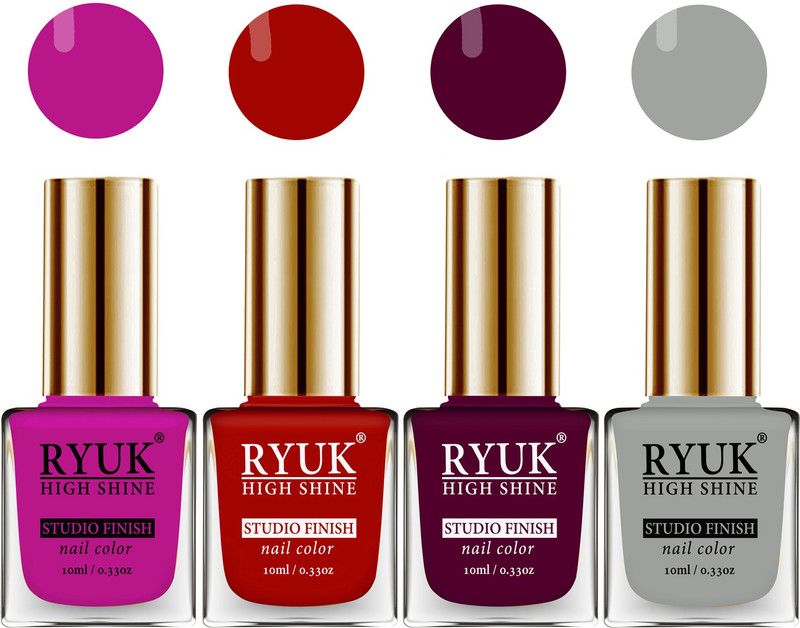 RYUK HD Colors Long Lasting Glossy Gel Effect Nail Paint 40 ml (RYNP-52) Bright Plum, Red, Dark Maroon, Light Grey  (Pack of 4)