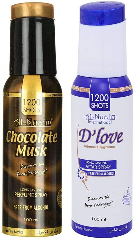 Al Nuaim Chocolate Musk & D'Love Perfume Spray 1200 Shots Deodorant Spray - For Men  (200 ml, Pack of 2)