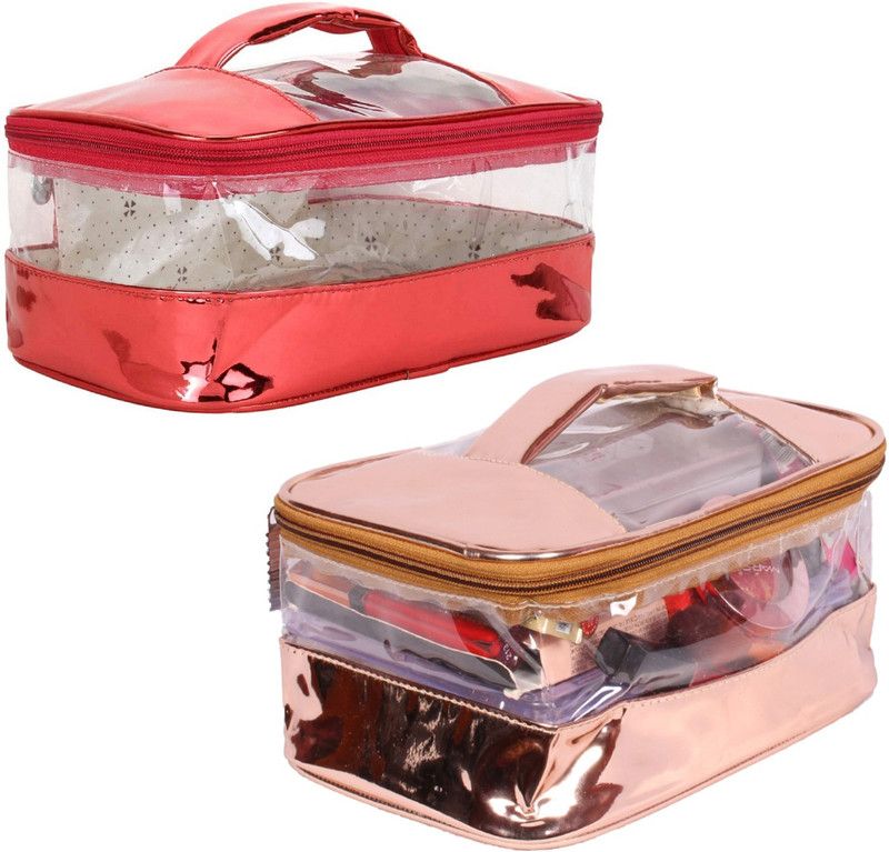 MaaCare Pack Of 2 Premium Quality One Compartment Designer Bridal Cosmetic Bag Travel Toiletry Kit Perfect bag for carrying on journeys and weekend trips Vanity Box  (Red, ROSE GOLD)