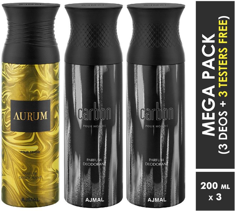 Ajmal Aurum & Carbon & Carbon Deodorant Spray + 3 Testers Deodorant Spray - For Men & Women  (200 ml, Pack of 3)