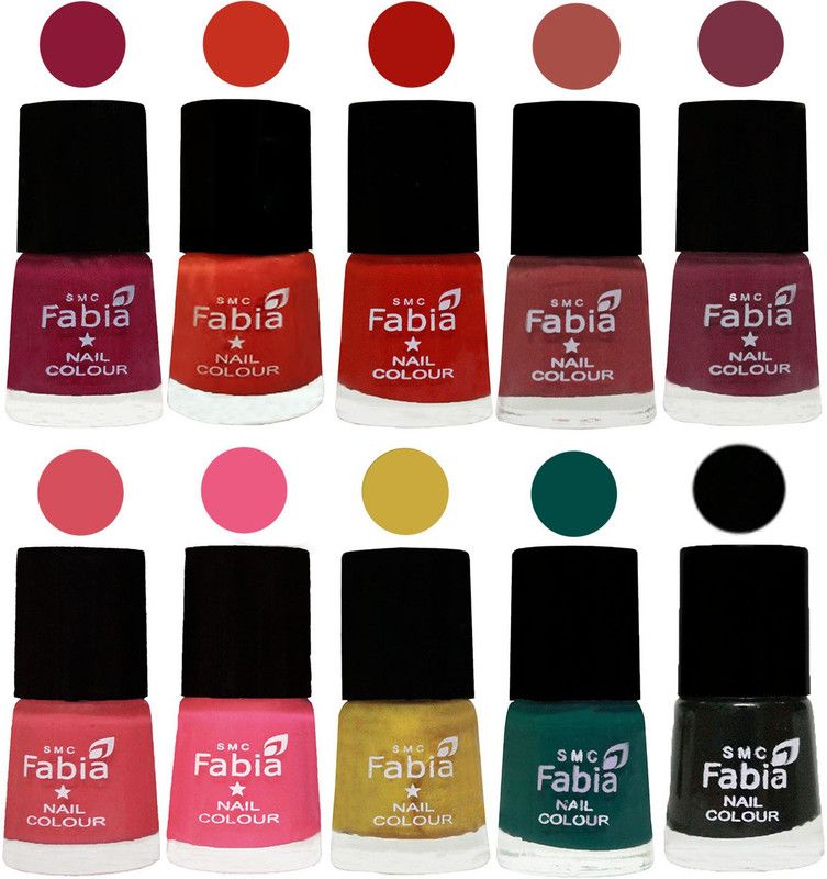 Fabia Matte Nail Polish Combo/Multicolor Nail Polish/Mix Color/Combo Color Set of 10pcs(6ml each) 110202119 Pure Wine-Orange-Reddish Red-Dark Peach-Plum-Punch Pink-Shock Pink Light-Mattis gold-Pine Green-Black  (Pack of 10)