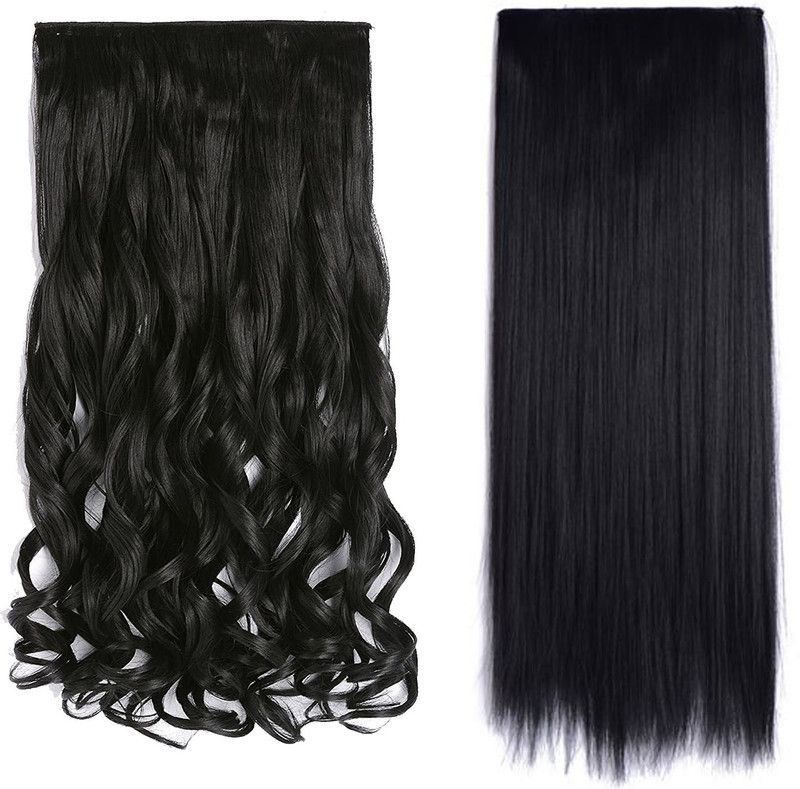 ASG Set of 2 Pcs 5 Clip Based Straight & Curly Extension / Wig for Women & Girls - 24 Inch (Black) Hair Extension