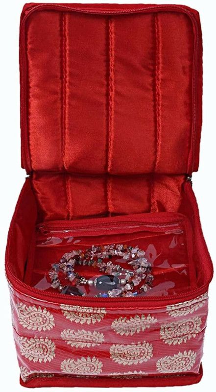 Home Store India Zip Closure Jewellery Organizer Storage Box With 10 Transparent Pouches | Jewellery Organizer Pouch For Travelling | Makeup Kit (Pack of 1) Vanity Box  (Red)