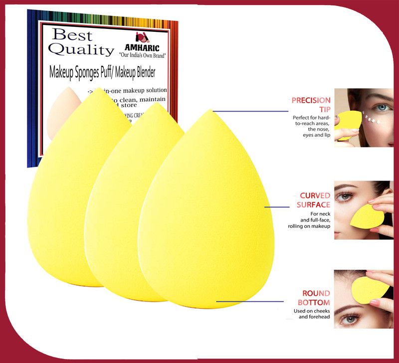 AMHARIC Beauty Makeup Sponge Puff For Blending Face Makeup Yellow Colour PACK OF 3
