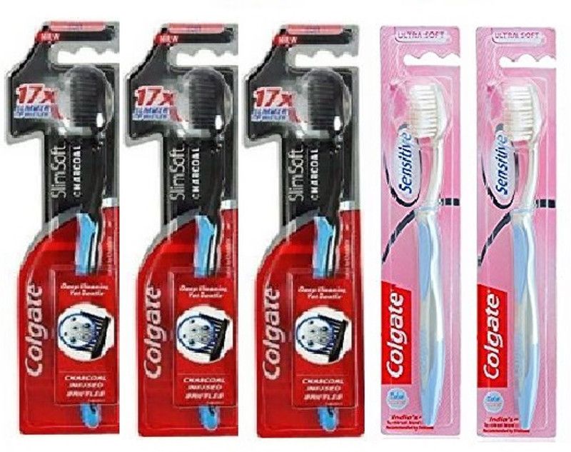 Colgate Combo Toothbrush Charcoal and sensitive Soft Bristles Slim Soft (3 piece charcoal and 2 piece sensitive )100% cleaning and clear (family Pack-5 piece) Soft Toothbrush