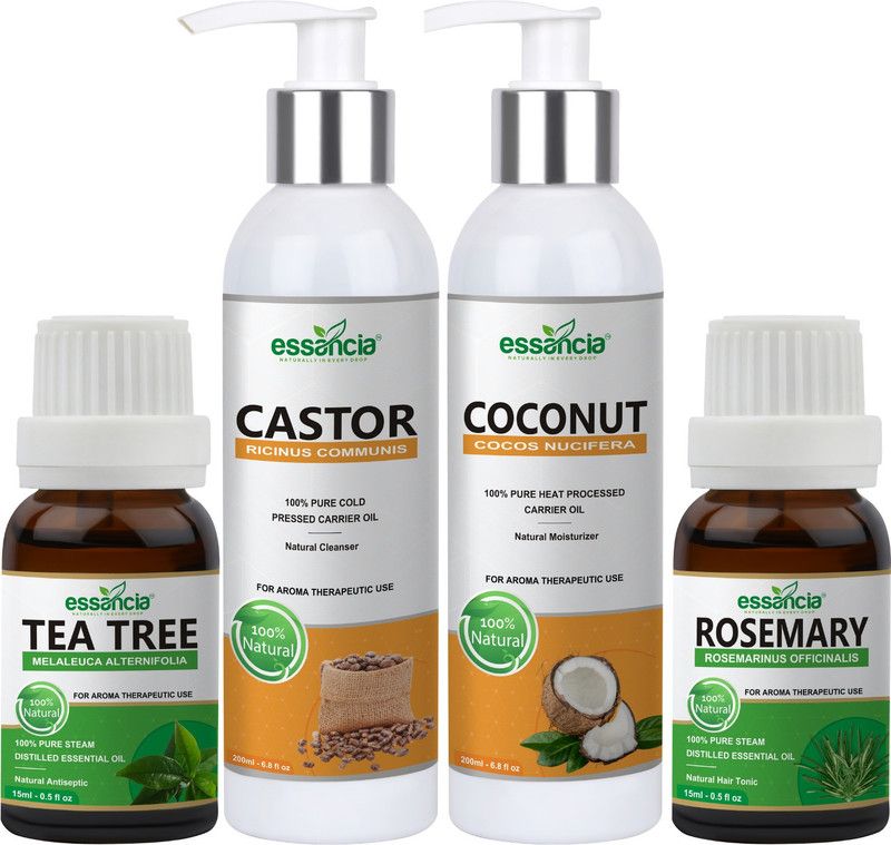 essancia Pack of 4 Castor oil + Coconut oil + Tea tree oil + Rosemary oil Combo of 2 Essential & 2 Carrier Oils. 100% Pure Natural Therapeutic Grade for Skin Care, Hair Care, Face Care And Reduces Dandruff & Aromatherapy  (460 ml)