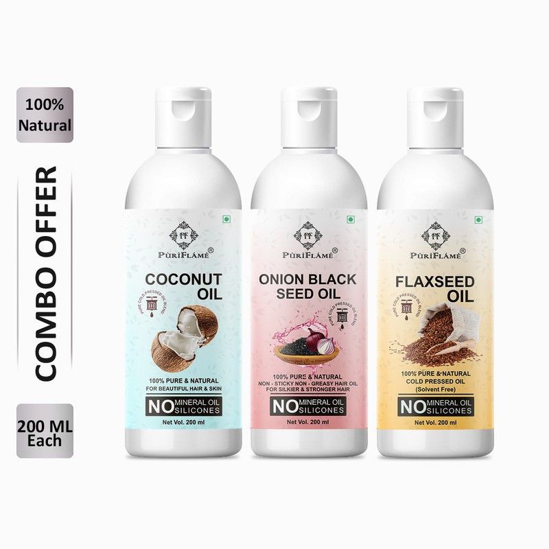 PuriFlame 100% Pure Coconut Oil 200ML & Onionblackseed Oil 200ML & Flaxseed Oil 200ML Combo For Rapid Hair Growth, Anti Hair Fall, Split Ends & Promotes Softer & Shinier Hair (Pack Of 3) Hair Oil  (600 ml)