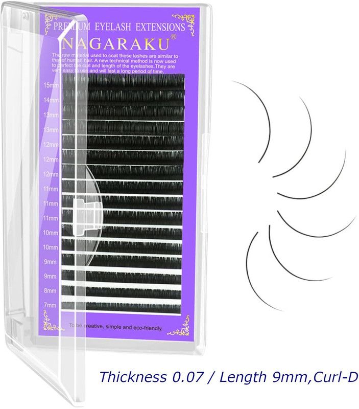 Nagaraku Classic Eyelash Extensions Individual Lashes 16 Rows (Thi-0.07, Len-9, Curl-D)  (Pack of 1)