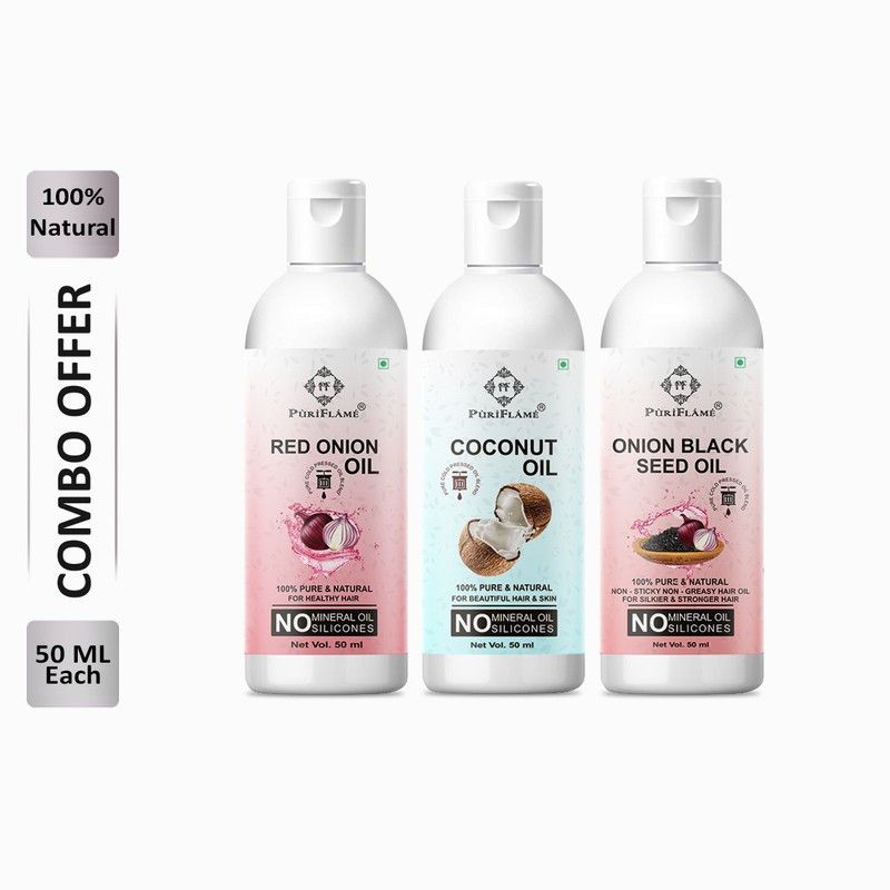 PuriFlame 100% Pure Red Onion Oil 50ML & Coconut Oil 50ML & Onionblackseed Oil 50ML Combo For Rapid Hair Growth, Anti Hair Fall, Split Ends & Promotes Softer & Shinier Hair (Pack Of 3) Hair Oil  (150 ml)
