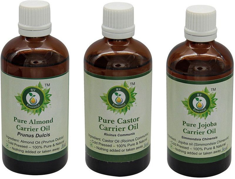 R V Essential Almond (50ml) With Castor (50ml) and Jojoba (50ml) Carrier Oil- 100% Pure & Natural Cold Pressed  (150 ml)